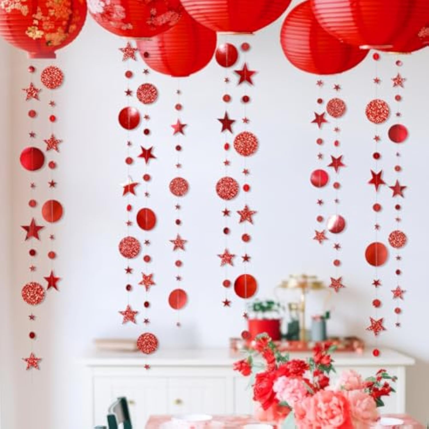 Twinkle Star Garland Glitter Red Party Decorations Star Banner Ceiling Hanging Streamer Backdrop For Birthday Valentine’S Day Christmas Lunar New Year Weddings Romantic Theme Party Supplies