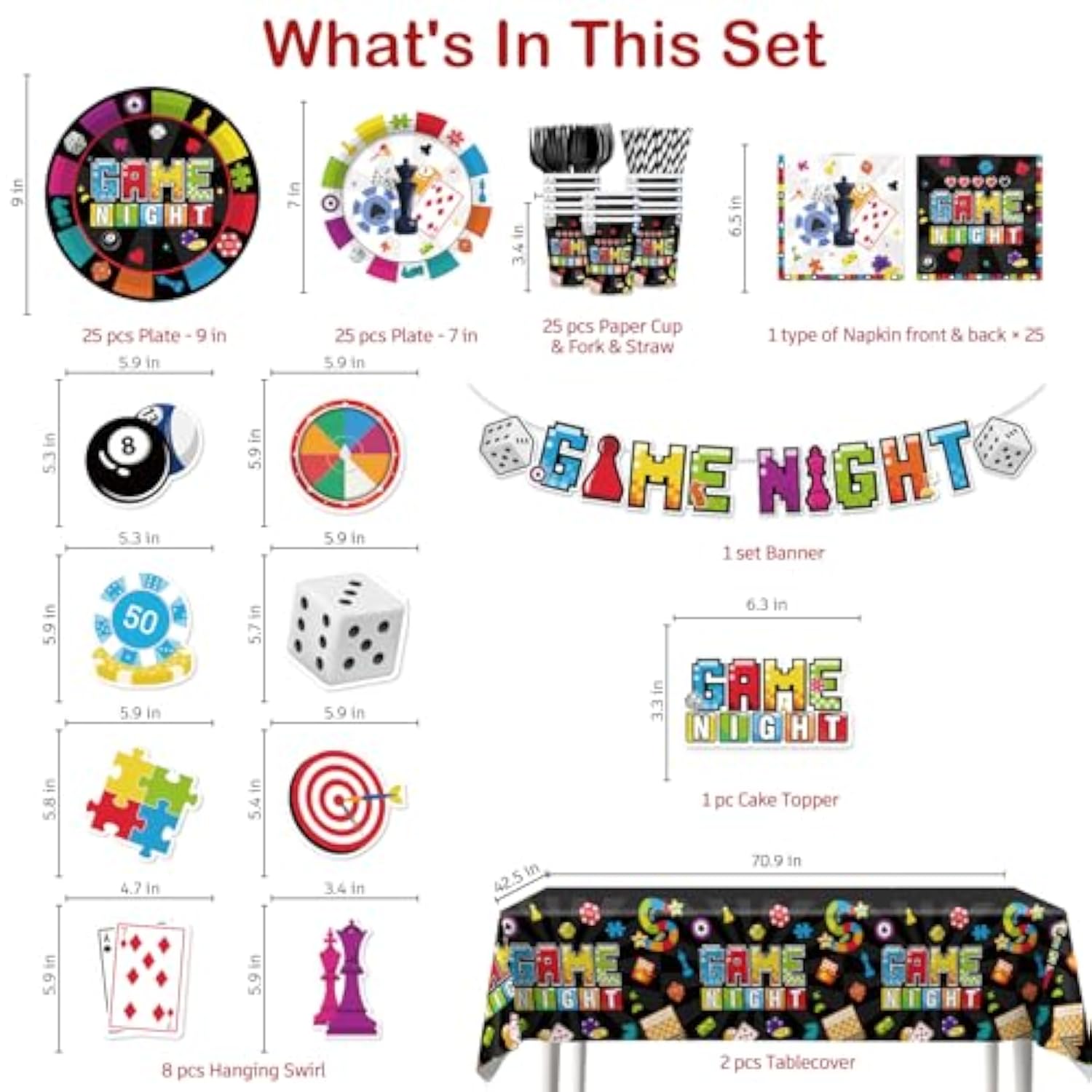 162Pcs Game Night Decorations Tableware, With Cake Toppers, 25 Serves Disposable Tableware Set, With Banner, Plates, Napkins, And Cups, Tablecloth For Game Night Party Decorations