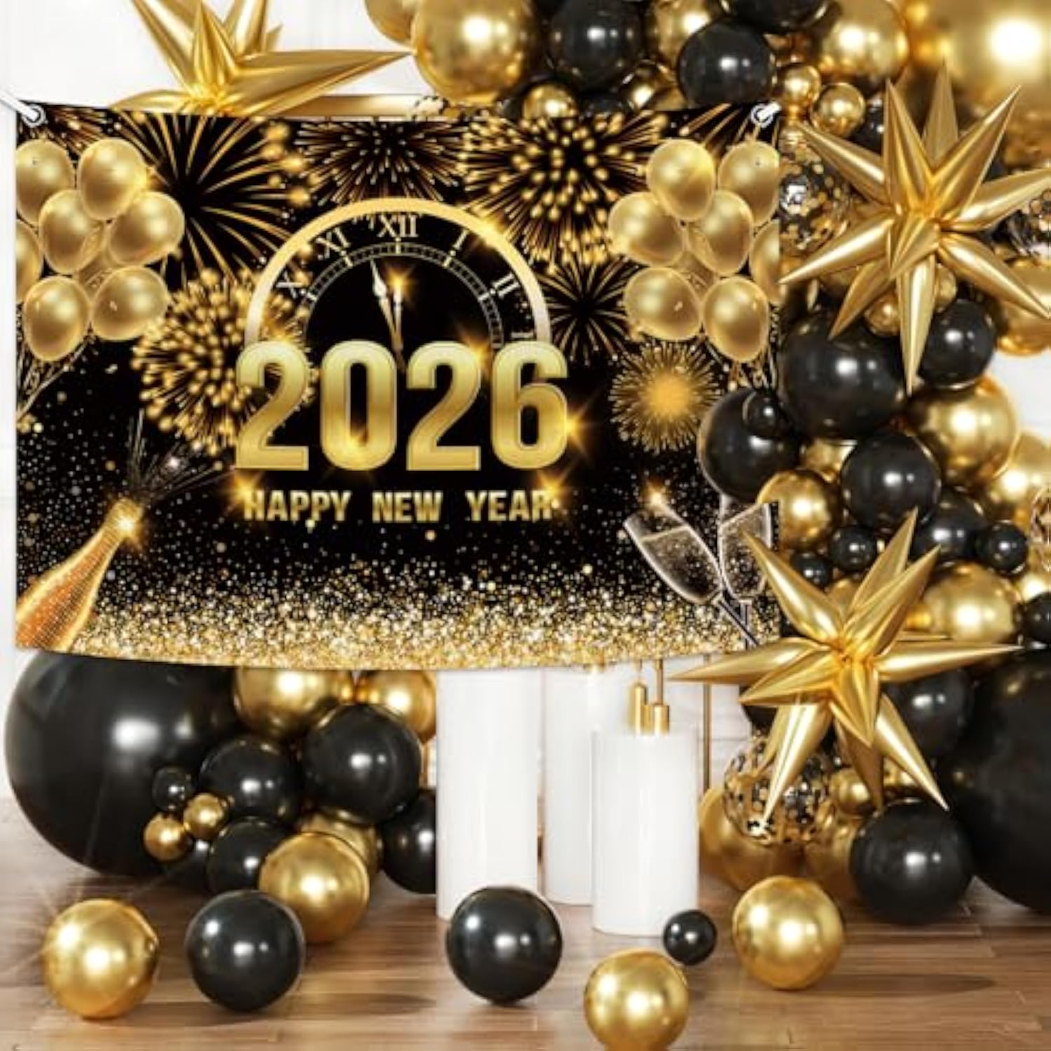 7x5ft Black Gold 2026 Happy New Year Backdrop Champagne Fireworks Banner