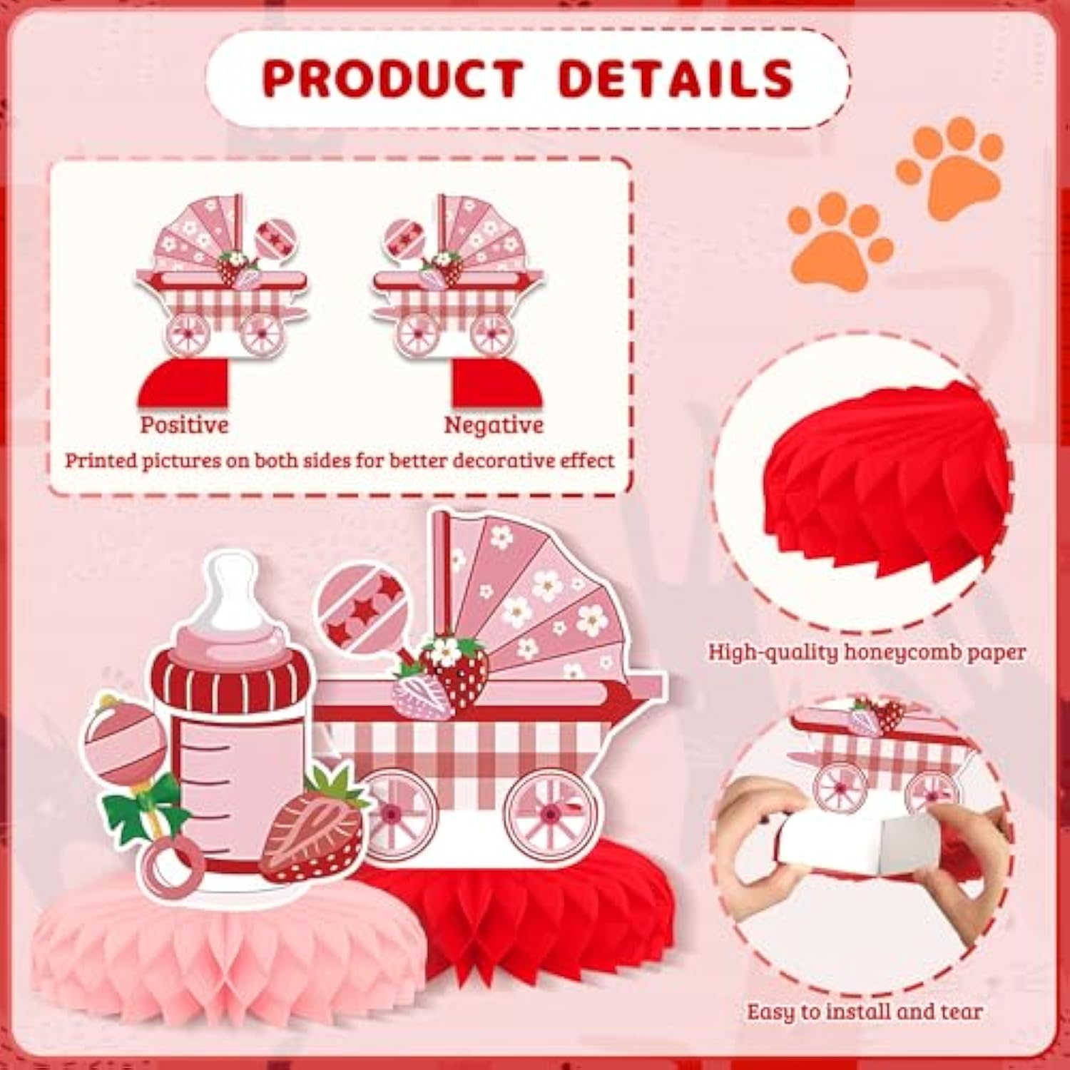 9PCS Strawberry Baby Shower Centerpieces – 3D Table Decor for Boys & Girls