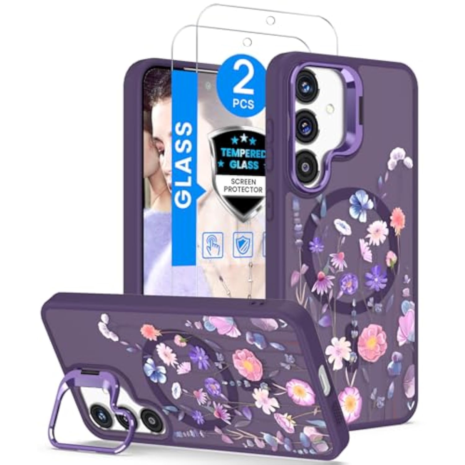 Floral Magnetic Phone Case for Samsung Galaxy S24/S25 with Built-in Lens Stand and 2X Screen Protector
