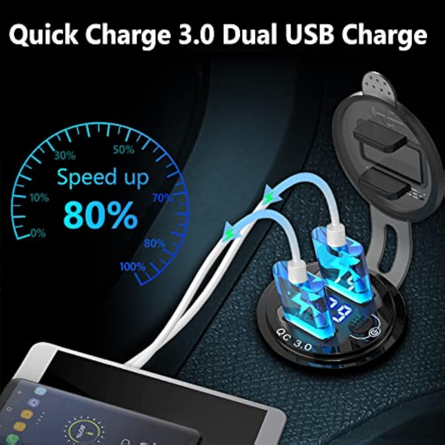 [Metal Shell] 12V Usb Outlet Dual Qc 3.0: Aluminum Socket 12 Volt Motorcycle Usb Outlet With Led Voltmeter Button Switch Waterproof 12 V Car Charger For Boat Marine Moto Rv Golf Cart