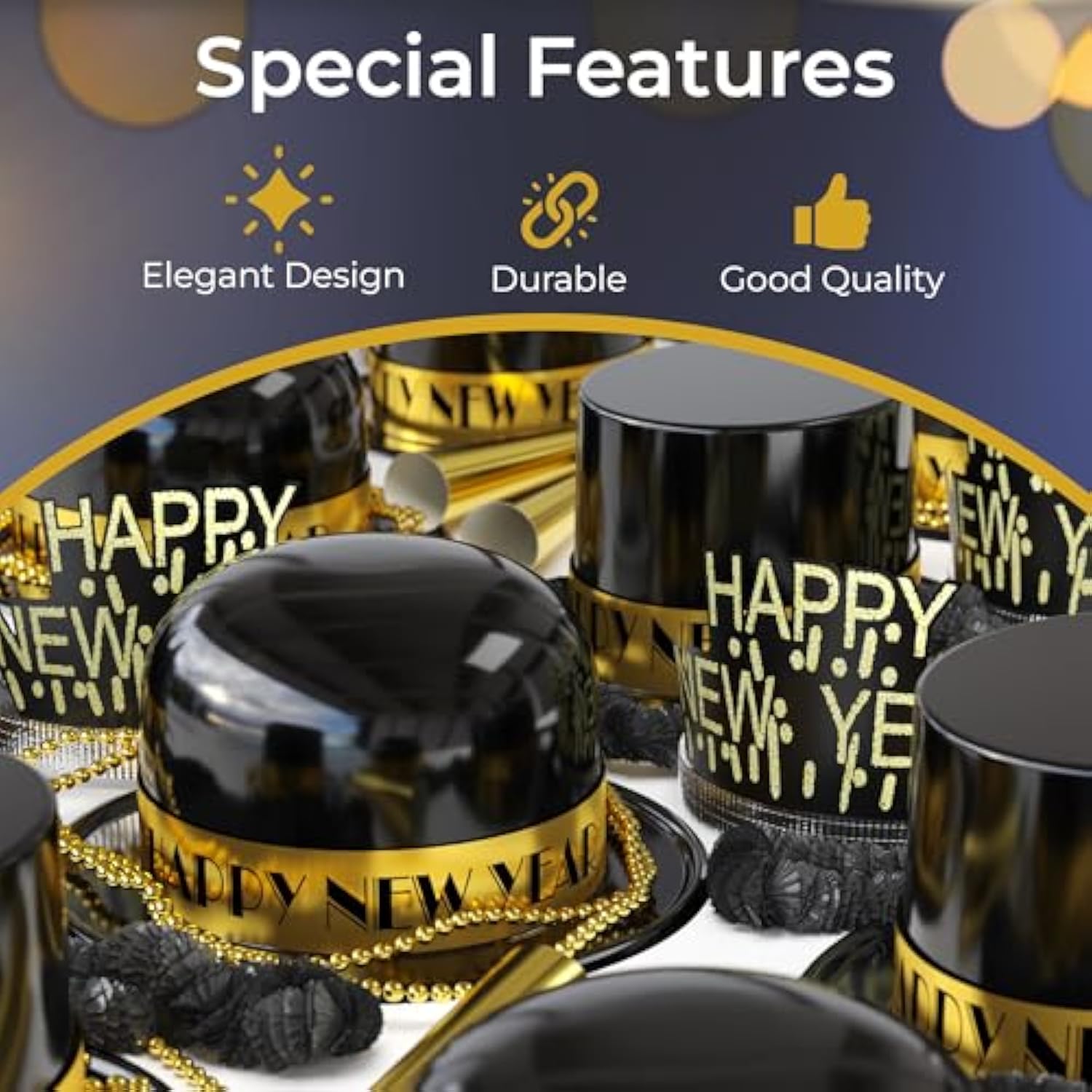 New Year 2026 Party Supplies 250pcs Black Gold Hats Beads Noisemakers