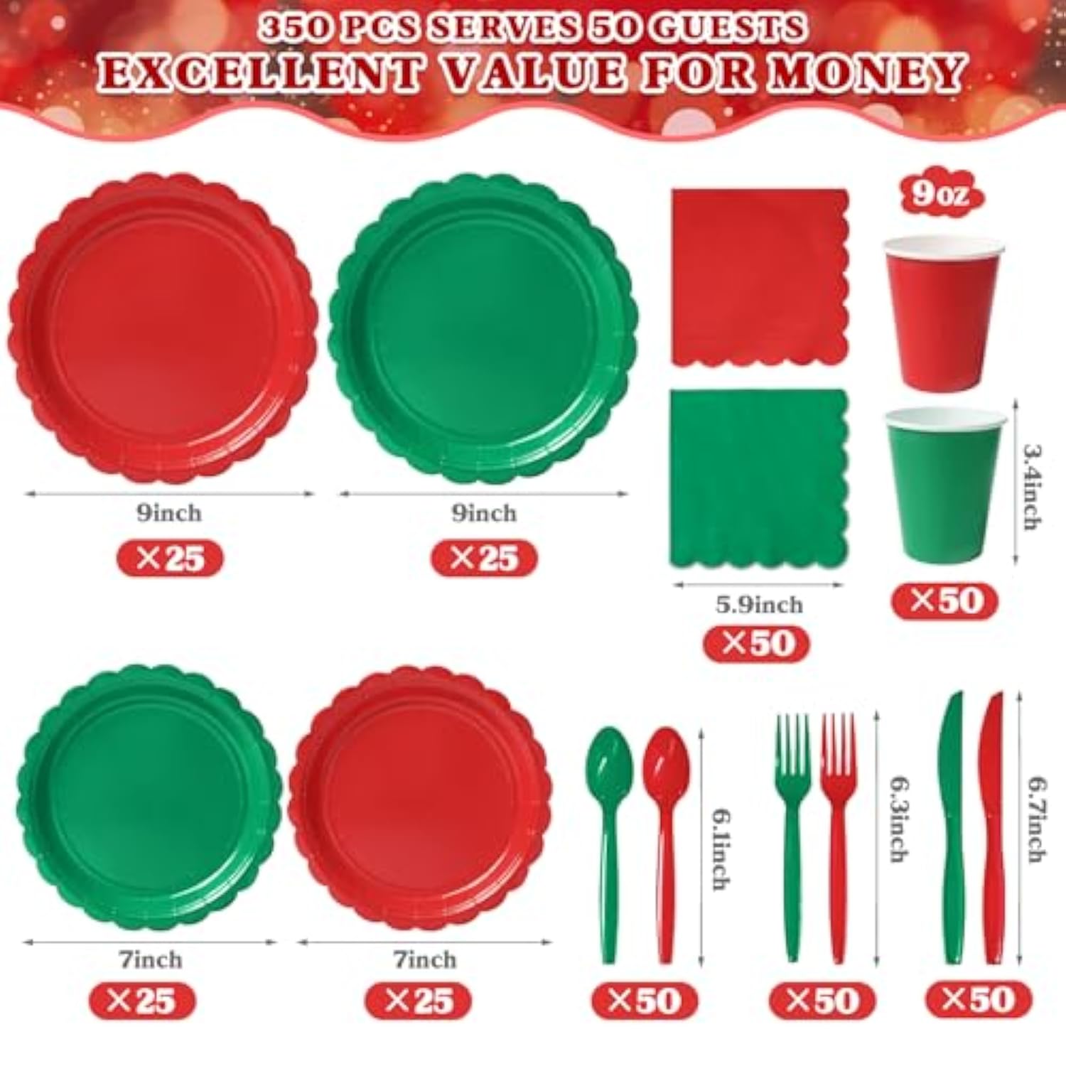 350 Pcs Green And Red Disposable Party Supplies – Paper Plates And Napkins Dishware Set (Serve 50) | Scalloped Plates, Cups, Spoons, Forks, Knives | Christmas, Holiday Parties