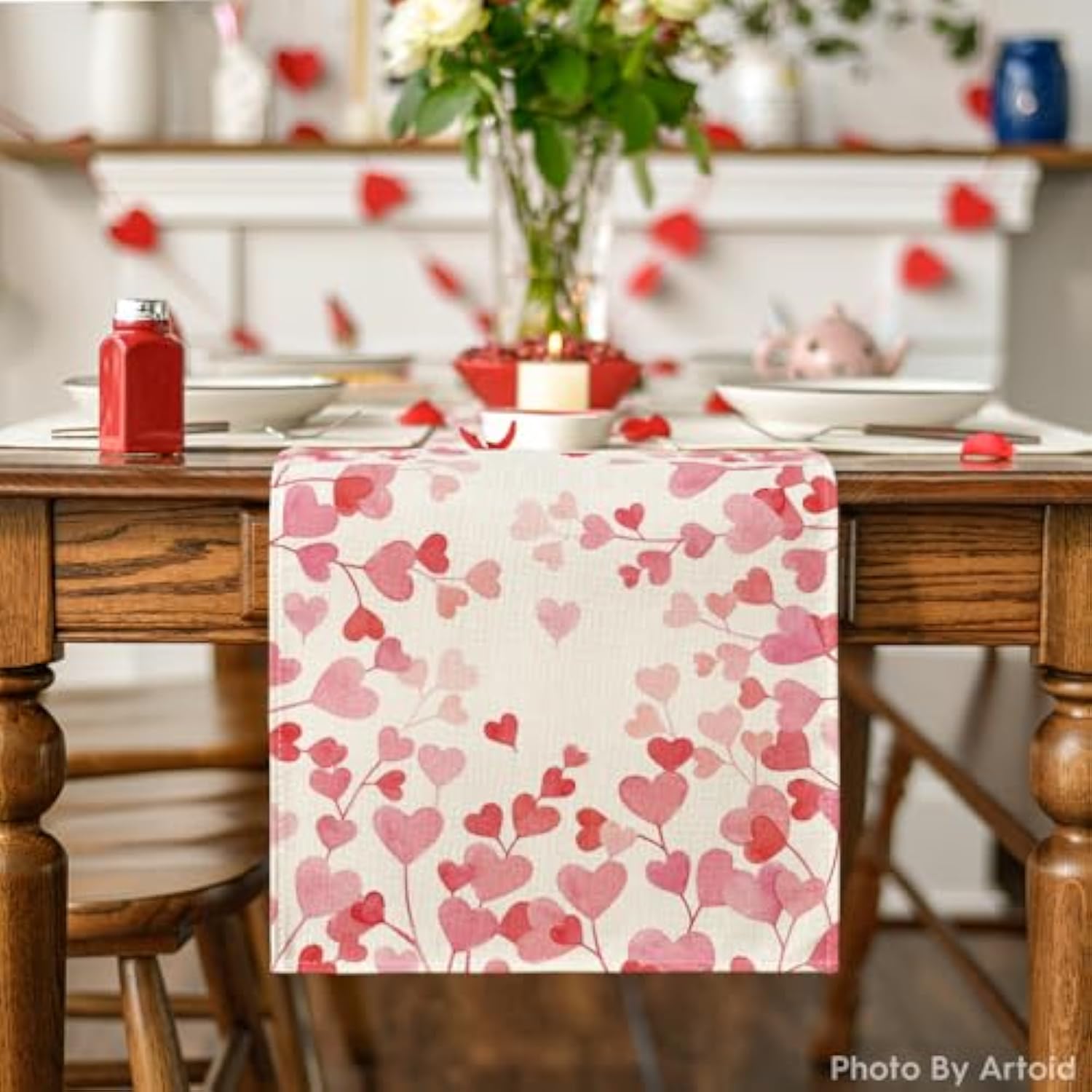 Pink Love Valentine'S Table Runner, Anniversary Wedding Kitchen Dining Table Decoration For Home Party Decor 13X72 Inch