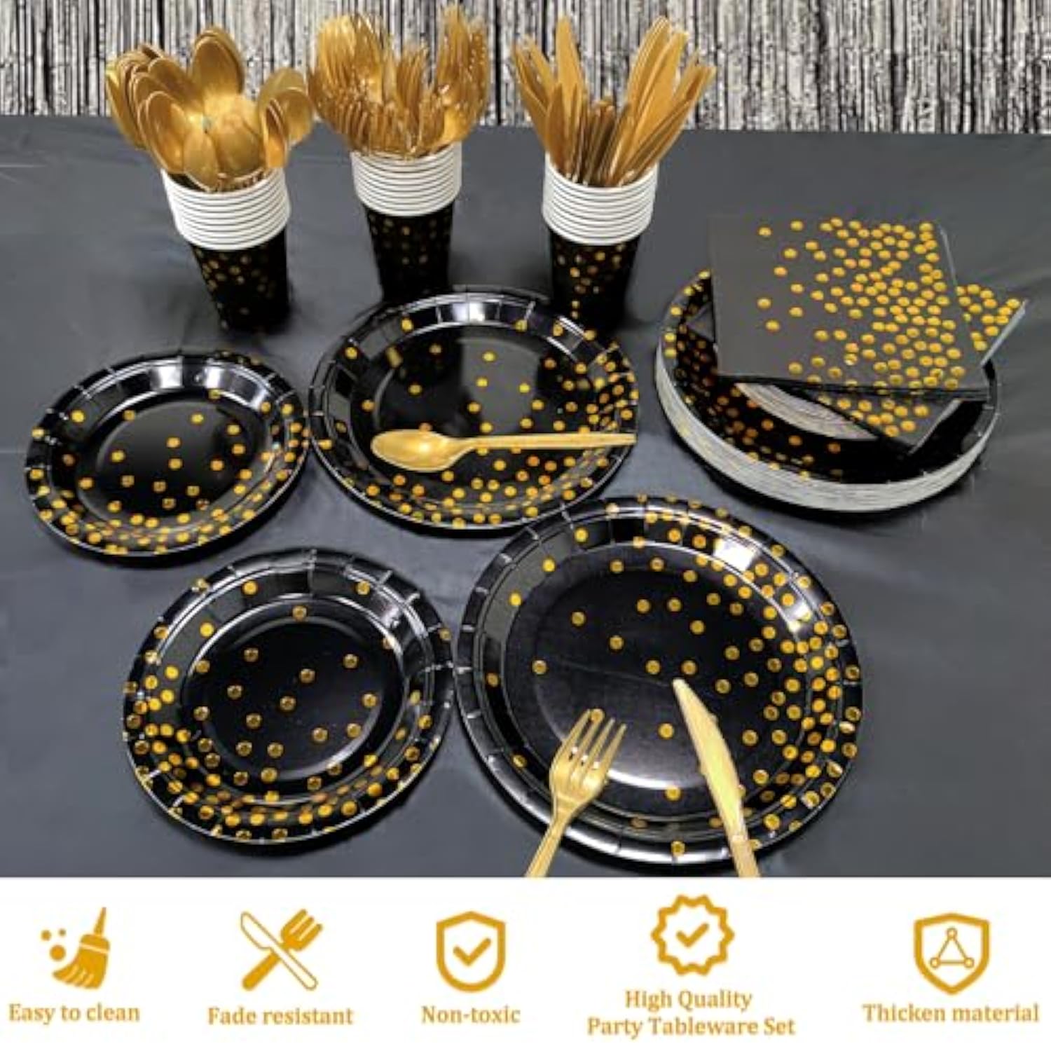 212 Pcs Black Gold New Year Disposable Plates, Napkins, Cups, and Tableware for 30