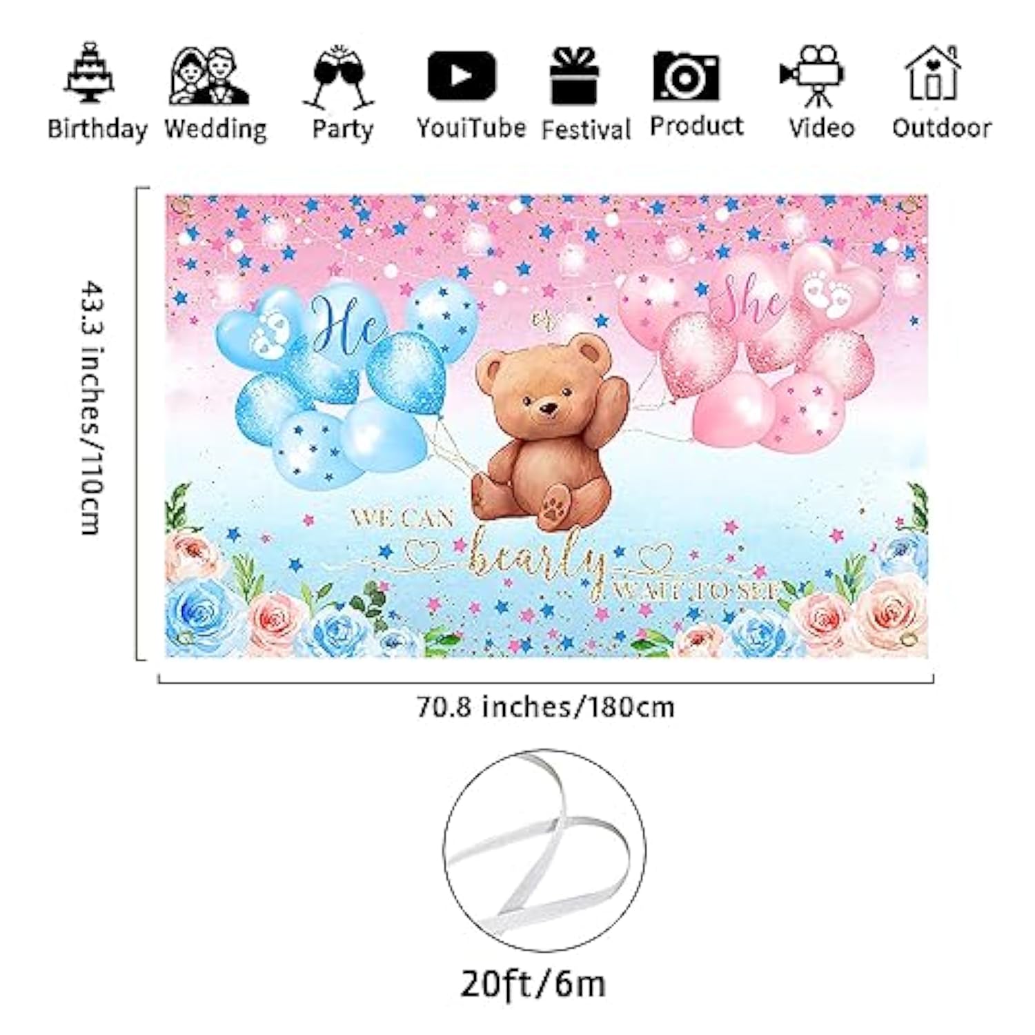 We Can Bearly Wait To See Banner He Or She Gender Reveal Party Supplies Pink And Blue Baby Reveal Party Decorations Bear Theme Backdrop Photo Booth Background 70.8 X 43.3 Inch