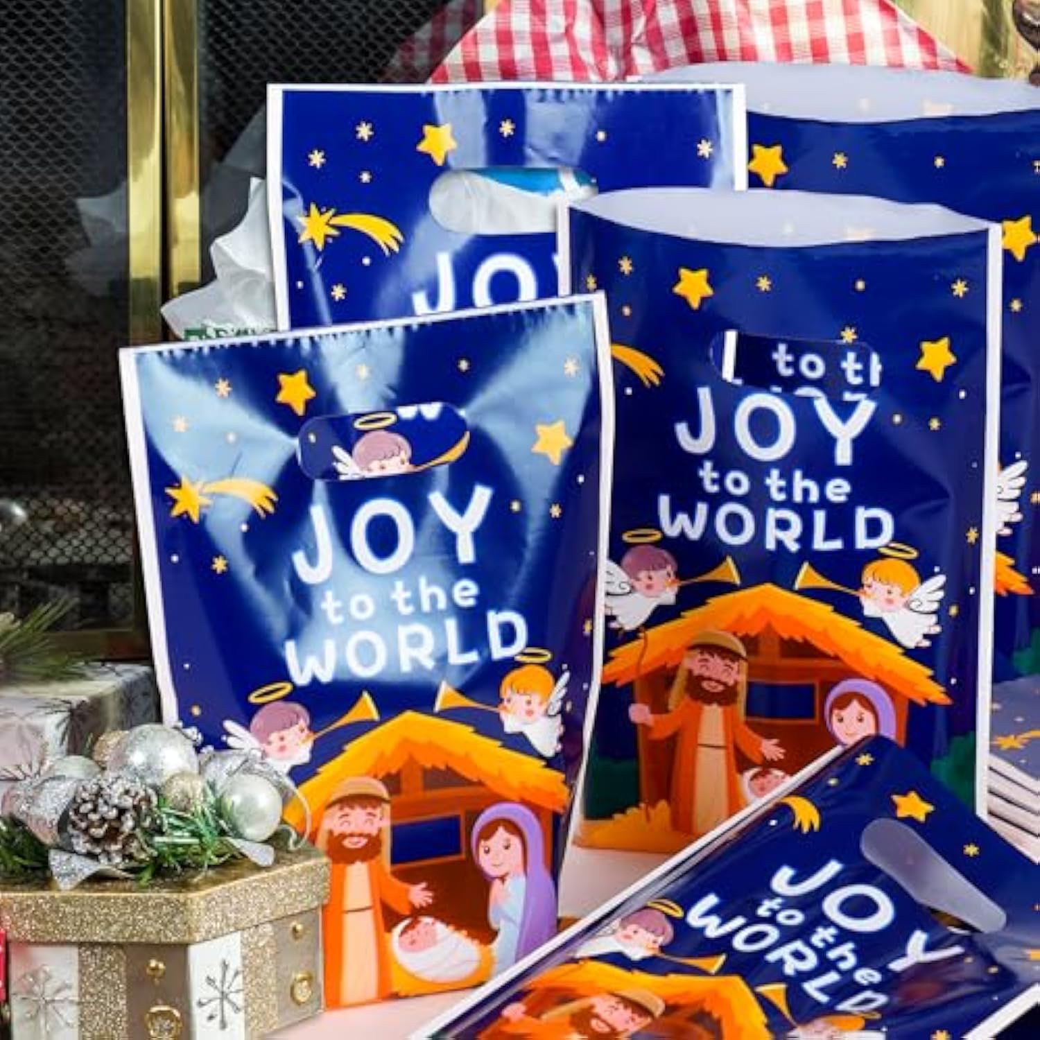 200 Pieces Nativity Plastic Treat Bags Christmas Bags 5 Mil 6.8"X10" Merchandise Bag With Handle Retail And Shopping Bag For Vacation Xmas Nativity Party Supply