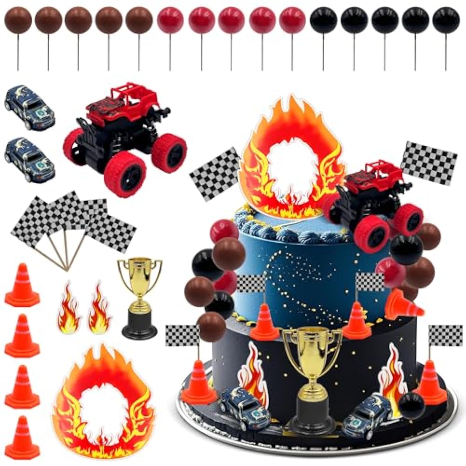 Truck Cake Decorations Race Car Themed Cake Toppers Truck Cupcake Toppers Flame Cupcake Topper For Boy Men Birthday Baby Shower Party Supplies