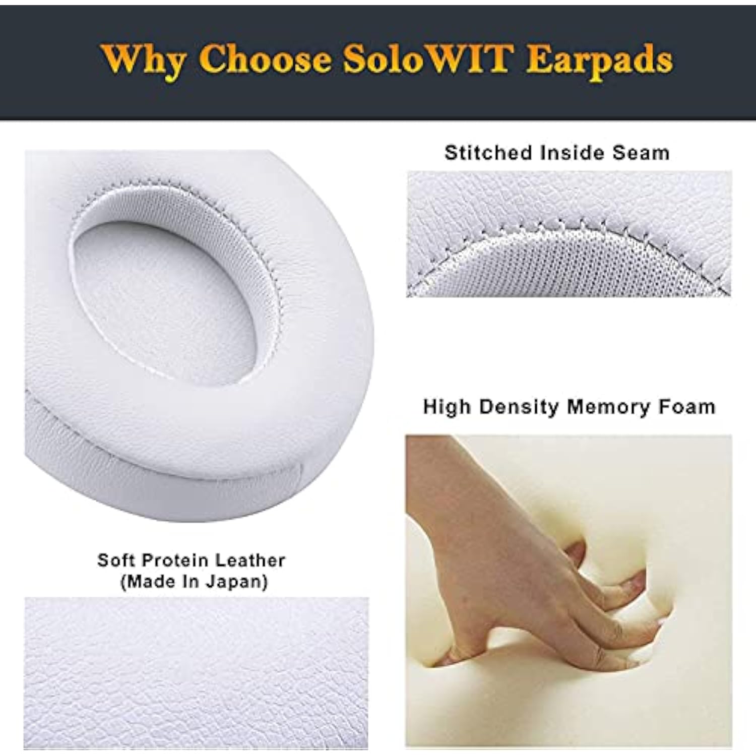 Earpads Cushions Replacement For Beats Solo 2 & Solo 3 Wireless On-Ear Headphones, Solo2 Solo3 Ear Pads With Soft Protein Leather, Added Thickness - (White)