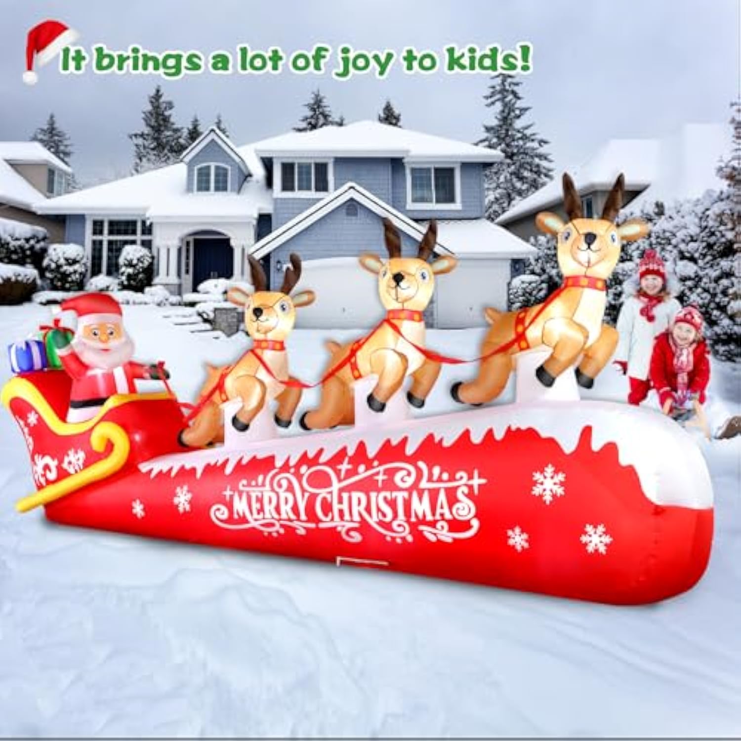 12Ft Christmas Inflatable Santa Claus On Sleigh With 3 Reindeers Outdoor Decorations, Giant Christmas Blow Up Yard Decor