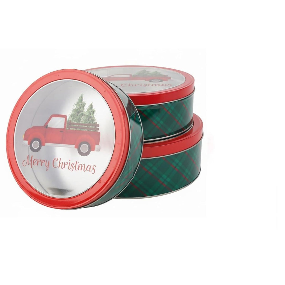 Christmas Holiday Cookie Tin Containers With Window, 3Pc Nested Set, Holiday Cookie Tins With Lid For Gift Giving, Cookie, Treats, Cookies Party Favor And Gifts (Truck, Round Shape)