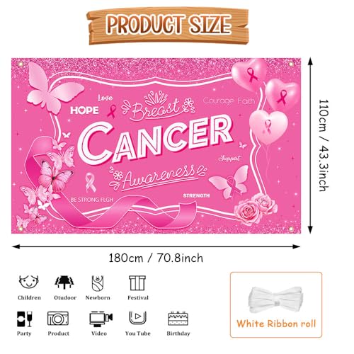 Breast Cancer Awareness Banner Backdrop October Breast Cancer Month Decorations Pink Ribbon Party Banner Butterfly Love Hope Faith Strength Party Charity Activities Fundraising 70.8x43.3inch