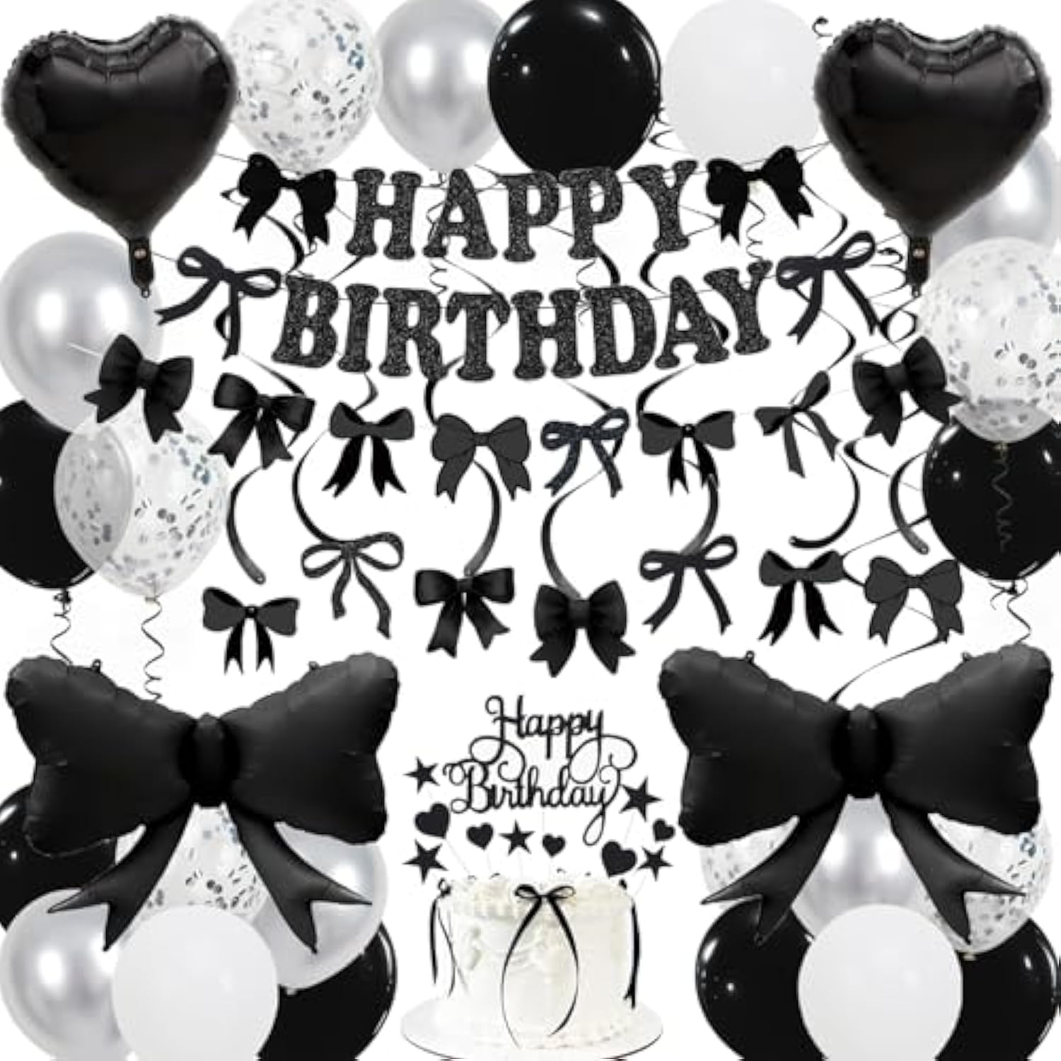 Black Bow Birthday Decorations, Happy Birthday Banner Garland And Hanging Swirls, 28Pcs Balloons, Cake Toppers, Bow Themed Party Decorations For Girls Women