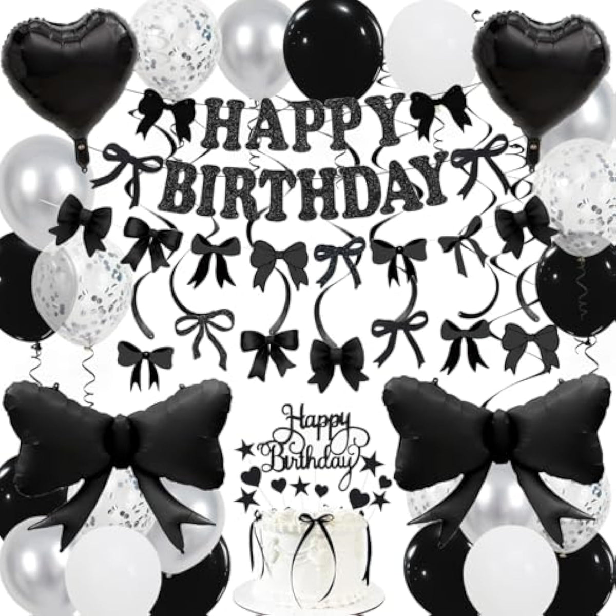 Black Bow Birthday Decorations, Happy Birthday Banner Garland And Hanging Swirls, 28Pcs Balloons, Cake Toppers, Bow Themed Party Decorations For Girls Women