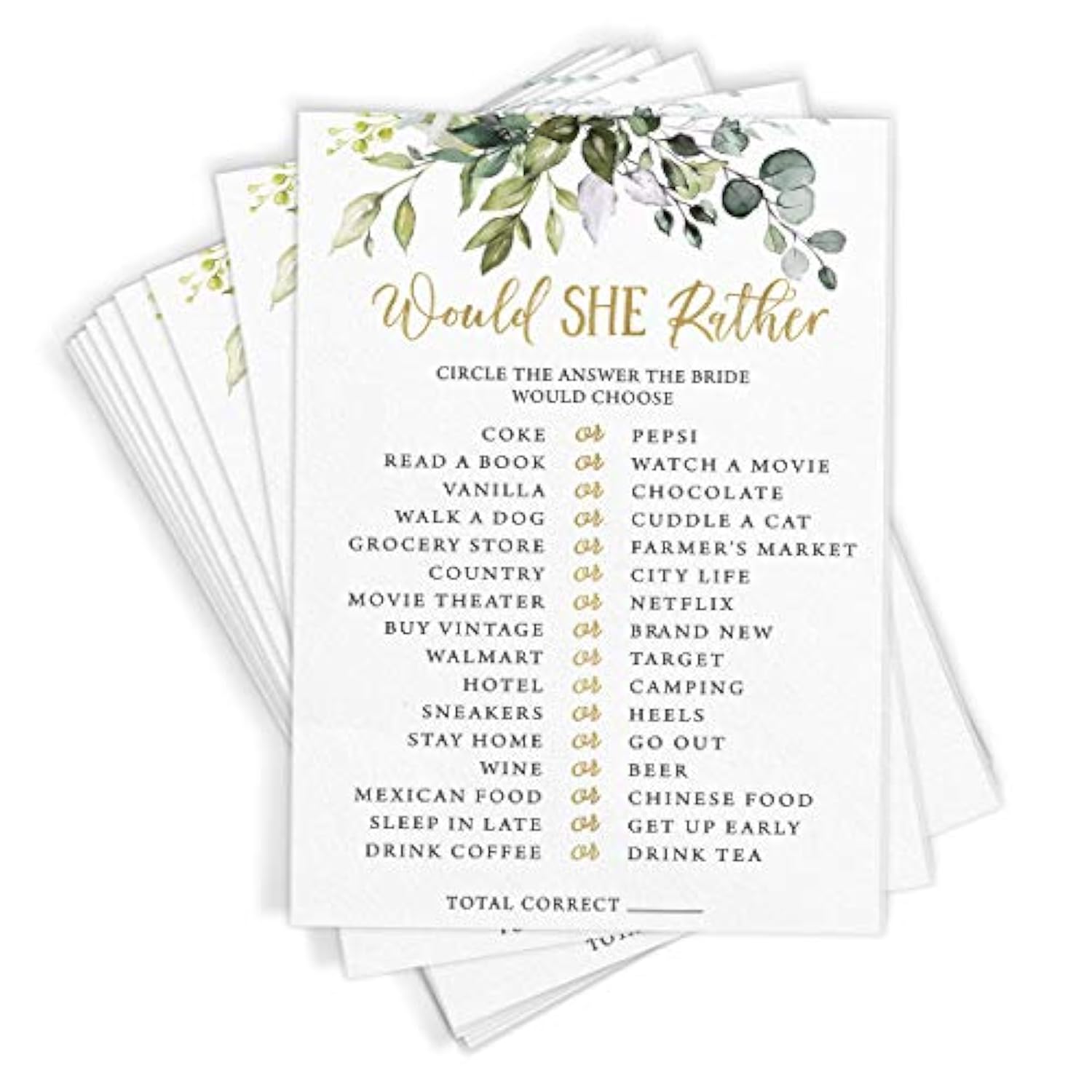 Bridal Shower Games – Would She Rather Game With Fun Bride-To-Be Trivia, Wedding Shower Activity, Botanical Eucalyptus Theme, 50 Guests