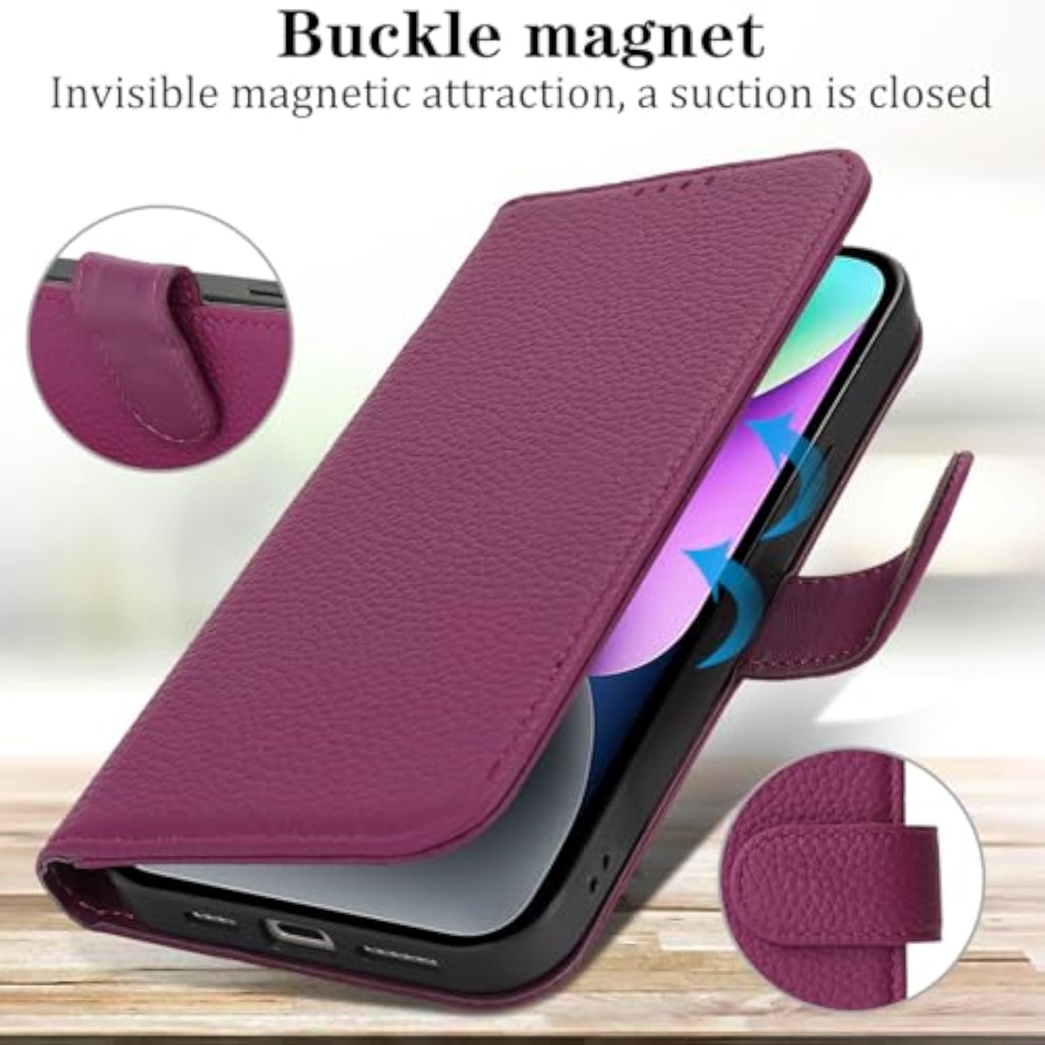 Genuine Leather Wallet Case for iPhone 14/13, 4 Card Slots, Rose Purple