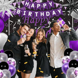 Purple & Black Birthday Decor Kit – Balloons, Banner, Tablecloth for Men, Women and Girls