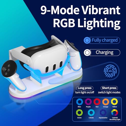 Charging Dock For Meta Quest3/3S, 18W Fast Charger With 2 Rechargeable Batteries, 8 Led Lighting Modes, Usb-C Charging Accessory For Oculus Meta Quest 3/3S, Support Elite/Battery Head Strap