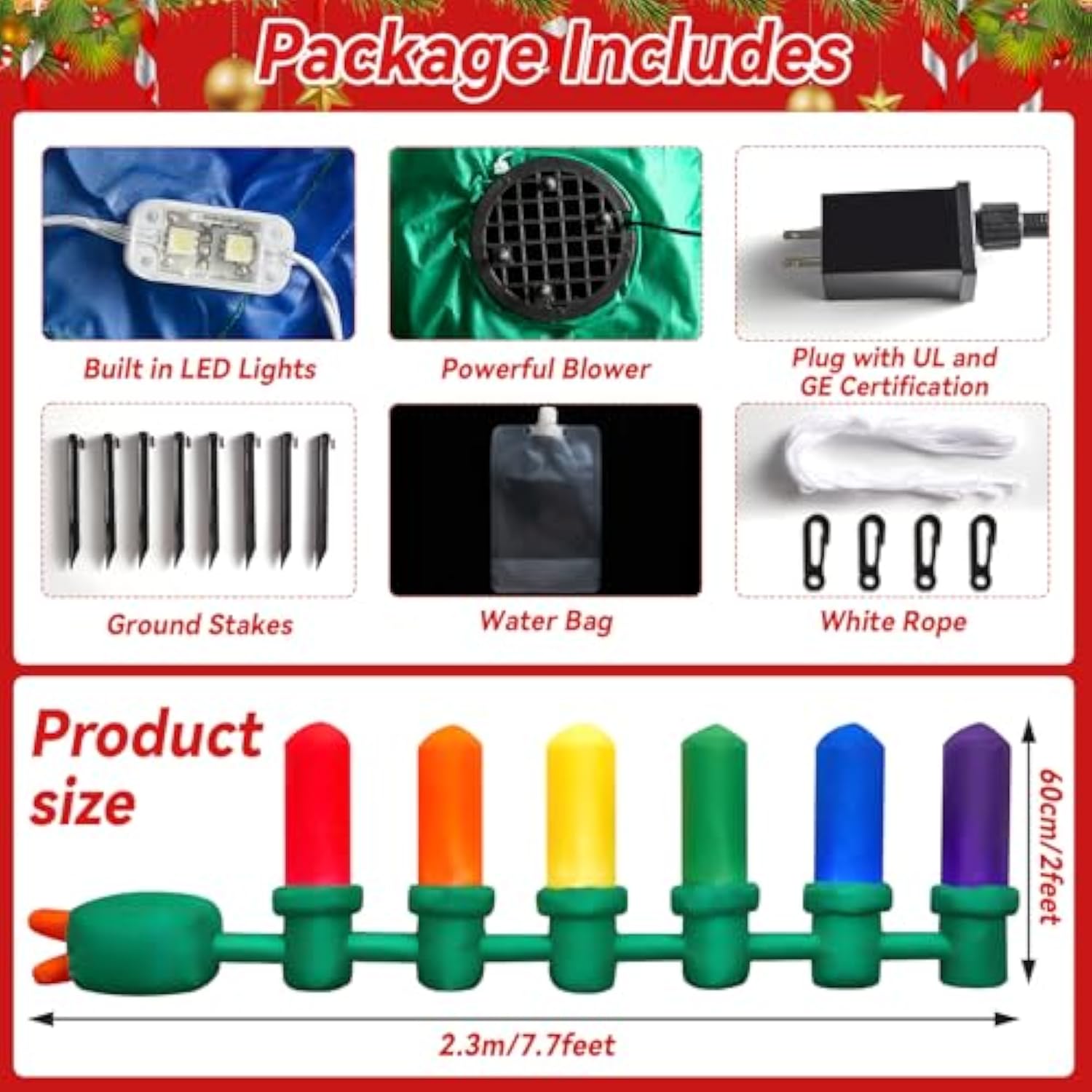 2 Ft Tall 7.7 Ft Long Giant Inflatable Christmas Light Bulb With Led Lights Outdoor Decoration Xmas Blow Up Ornament Bui
