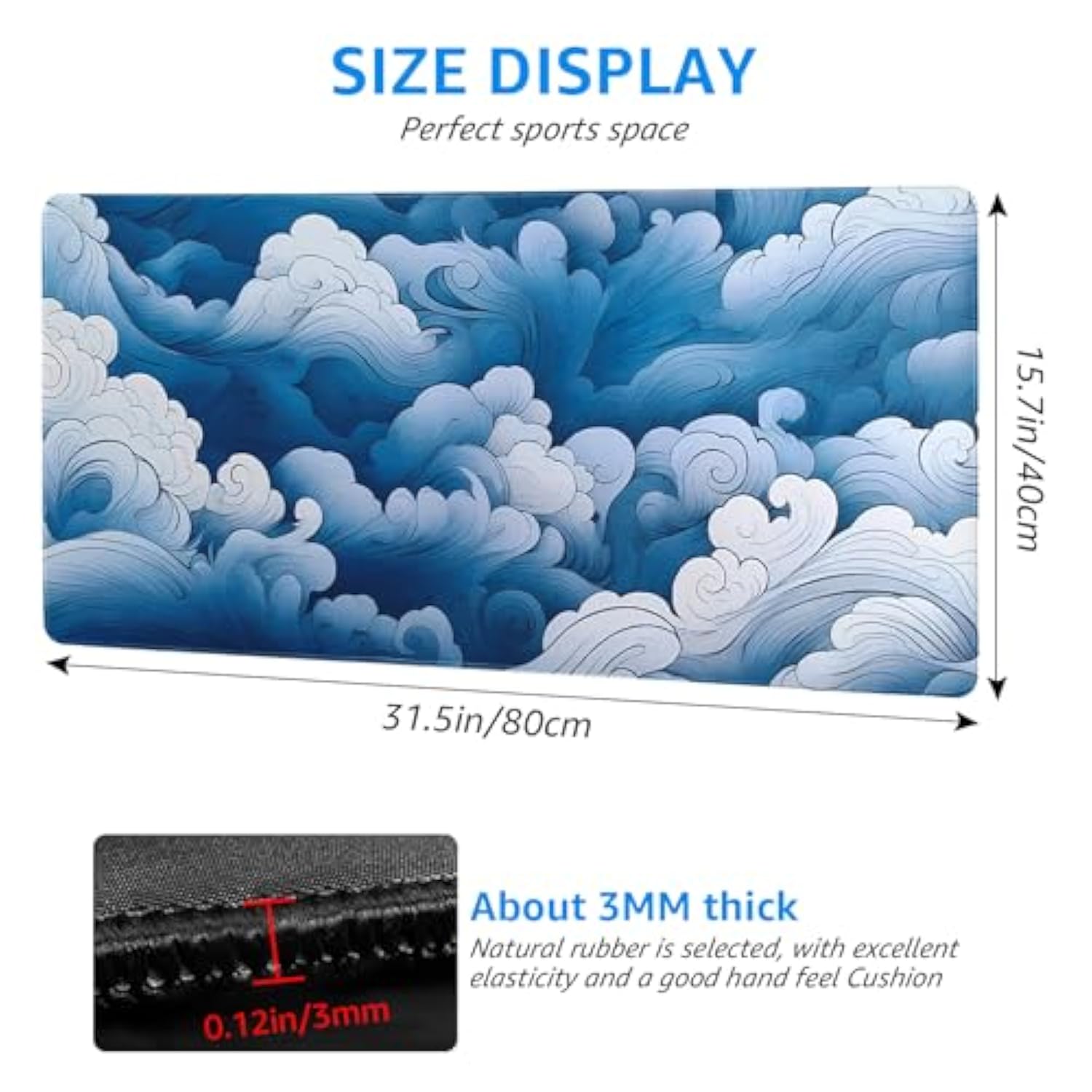 Large Desk Mat With Ocean Wave Design, Extended Gaming Mouse Pad, 31.5 X 15.7 Inches, Blue And White