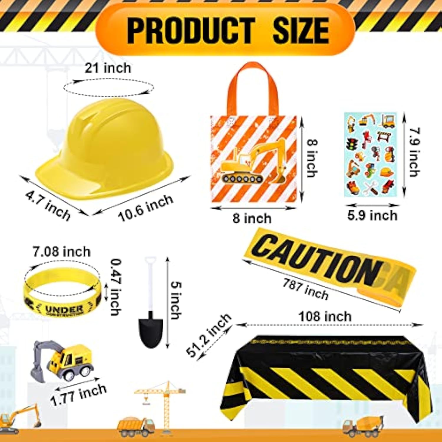 148 Pcs Construction Birthday Party Supplies Include 12 Construction Hats, 24 Truck Toys, 12 Vehicle Stickers, 12 Silicone Bracelet, 12 Goodie Bag, 24 Stamps, 50 Shovels, 1 Tablecloth,1 Tape
