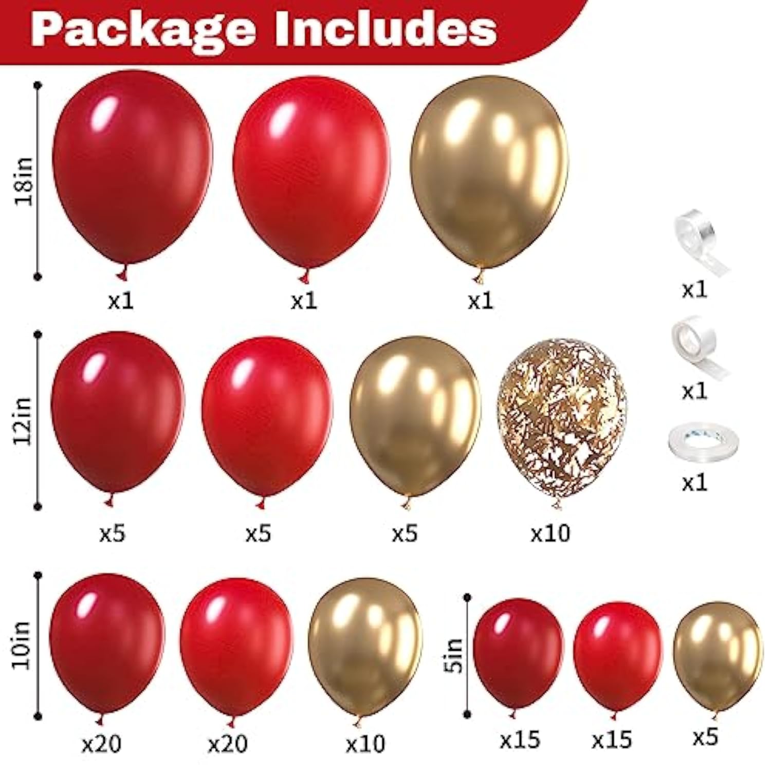 Red Gold Balloons Arch Garland Kit, 113Pcs 18/12/10/5 Inch Different Shades Dark Helium Metallic Confetti For Valentines Wedding Birthday Anniversary Party Decorations