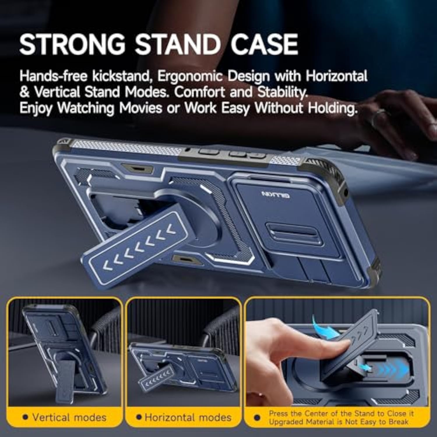 For Motorola Edge 2025 Case With Screen Protector, Slide Camera Cover & Kickstand, Lanyard Strap,Military Grade Shockproof Protective Heavy Duty Non-Slip Phone Case For Moto Edge 2025, Blue