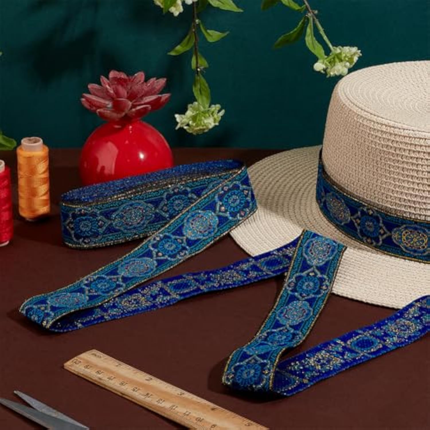 1.3 Inch Vintage Jacquard Ribbon, 7 Yards Emobridered Woven Ribbon Boh