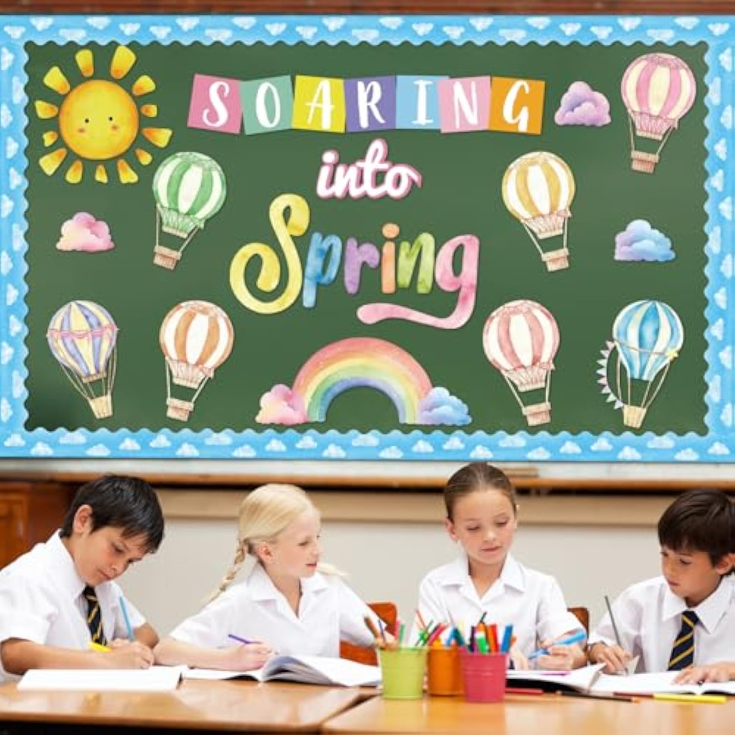 39Pcs Spring Bulletin Board Decorations Soaring Into Spring Classroom Bulletin Board Set Hot Air Balloon Rainbow Paper Cutouts For Classroom School Office Home Nursery Chalkboard Door Wall Decor