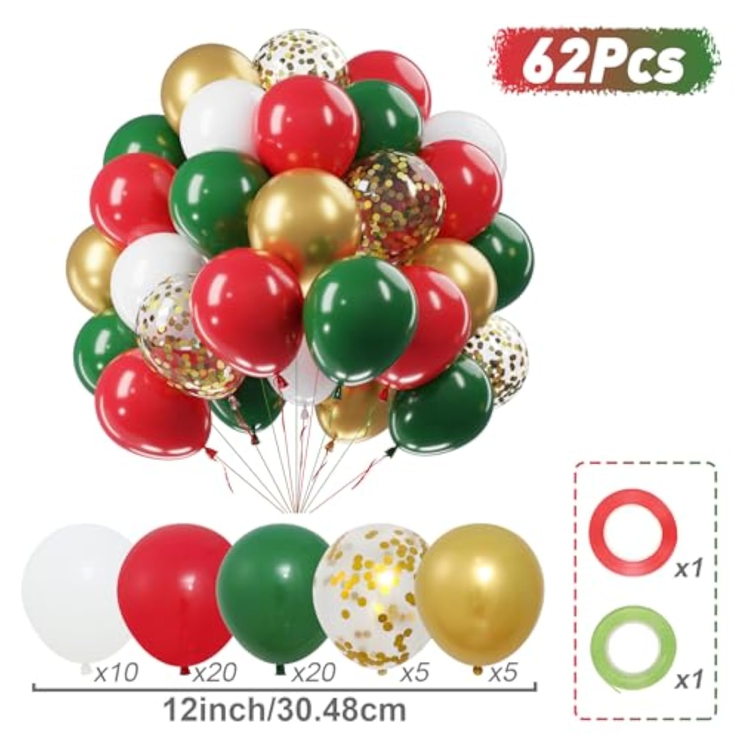 Christmas Red Green Gold Balloons Set, 60Pcs 12 Inch Red Green White Metallic Gold Confetti Latex Balloon Kit For Christmas Grinch Birthday Party Decorations
