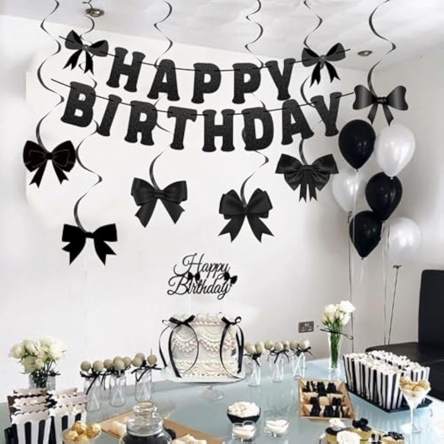 Black Bow Party Decorations — Happy Birthday Banner, Garland & Cake Toppers