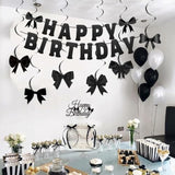 Black Bow Party Decorations — Happy Birthday Banner, Garland & Cake Toppers