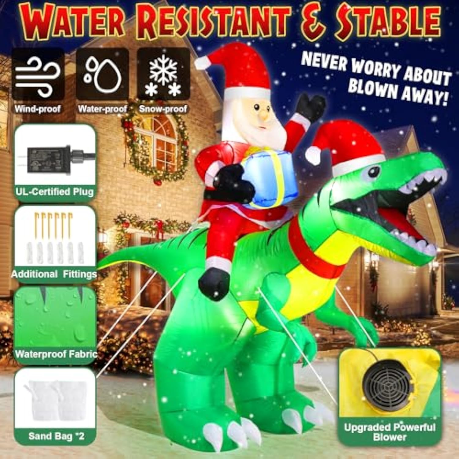 9X7Ft Christmas Inflatables Santa Ride On Dinosaur With Led Outdoor Christmas Dinosaur Inflatable Blow Up Yard Decoratio
