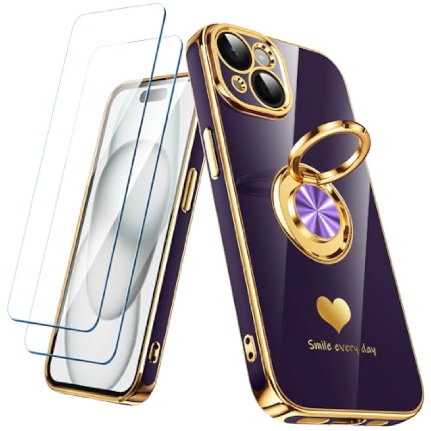 Luxury Gold Edge Slim Soft Phone Case for iPhone 15 - Purple, 2 Pack Screen Protector and 360° Rotatable Ring Holder with Hearts Pattern