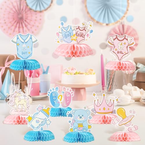 Gender Reveal Honeycomb Centerpieces Set – 9 PCS Baby Shower Table Decorations with Unicorn, Bear, Bottle, Pacifier & Crown Designs, Includes Clear Storage Box – Boy or Girl Party Supplies