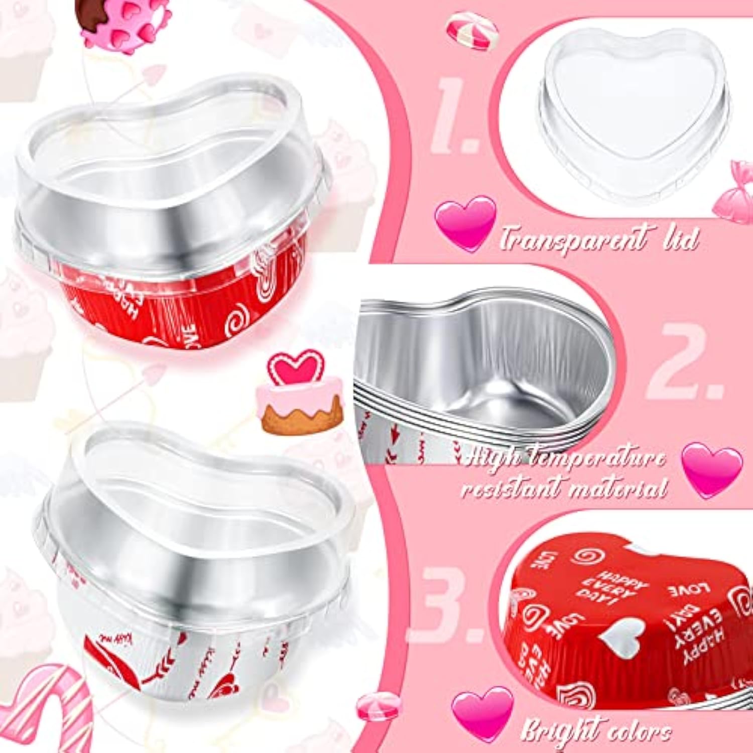 100 Sets Valentine'S Day Heart Baking Pan Heart Shaped Cake Pan Mini Aluminum Foil 3.4Oz Disposable Cupcake Tin With Lids For Wedding Mother'S Day Party(Vivid Style,Red, White)