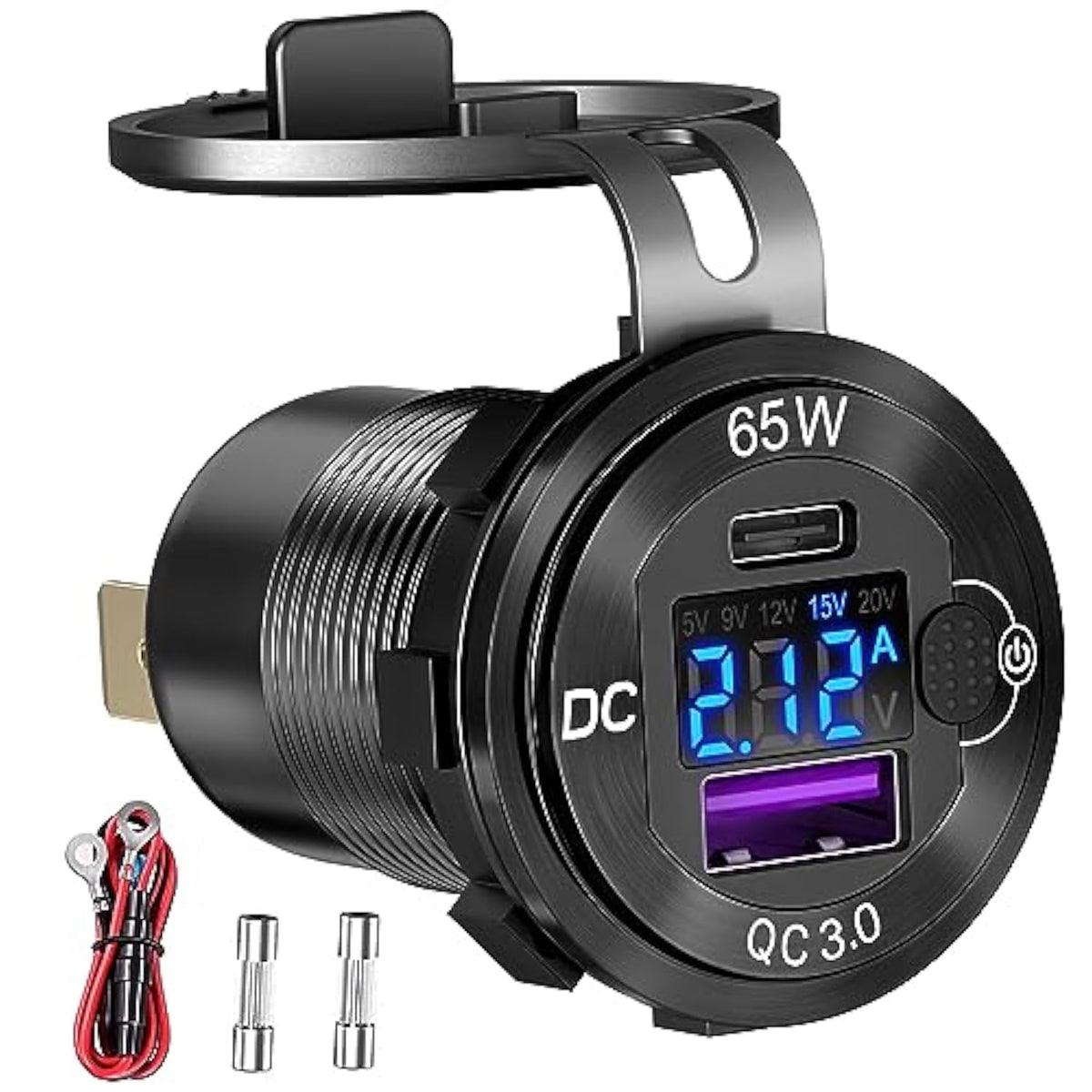 83W 12 Volt Usb Outlet Built-In Boost Usb C Laptop Car Charger: 65W Pd3.0 And 18W Qc3.0 Car Usb Port Aluminum Socket With Button Switch Smart Voltmeter, Suitable For Car Rv Marine Golf Cart