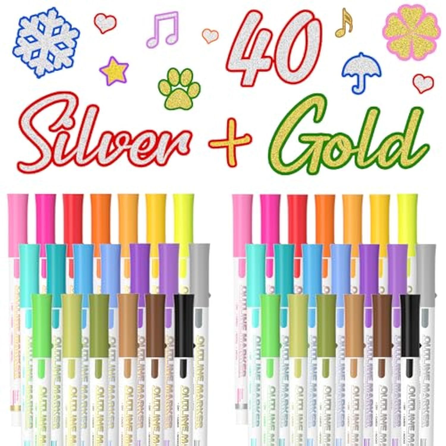 40 Pack Double Line Outline Permanent Markers, 20 Silver And 20 Gold Colors Squiggles Shimmer Markers Set, Self Outline Metallic Marker Pens For Drawing, Christmas Card, Diy Crafts