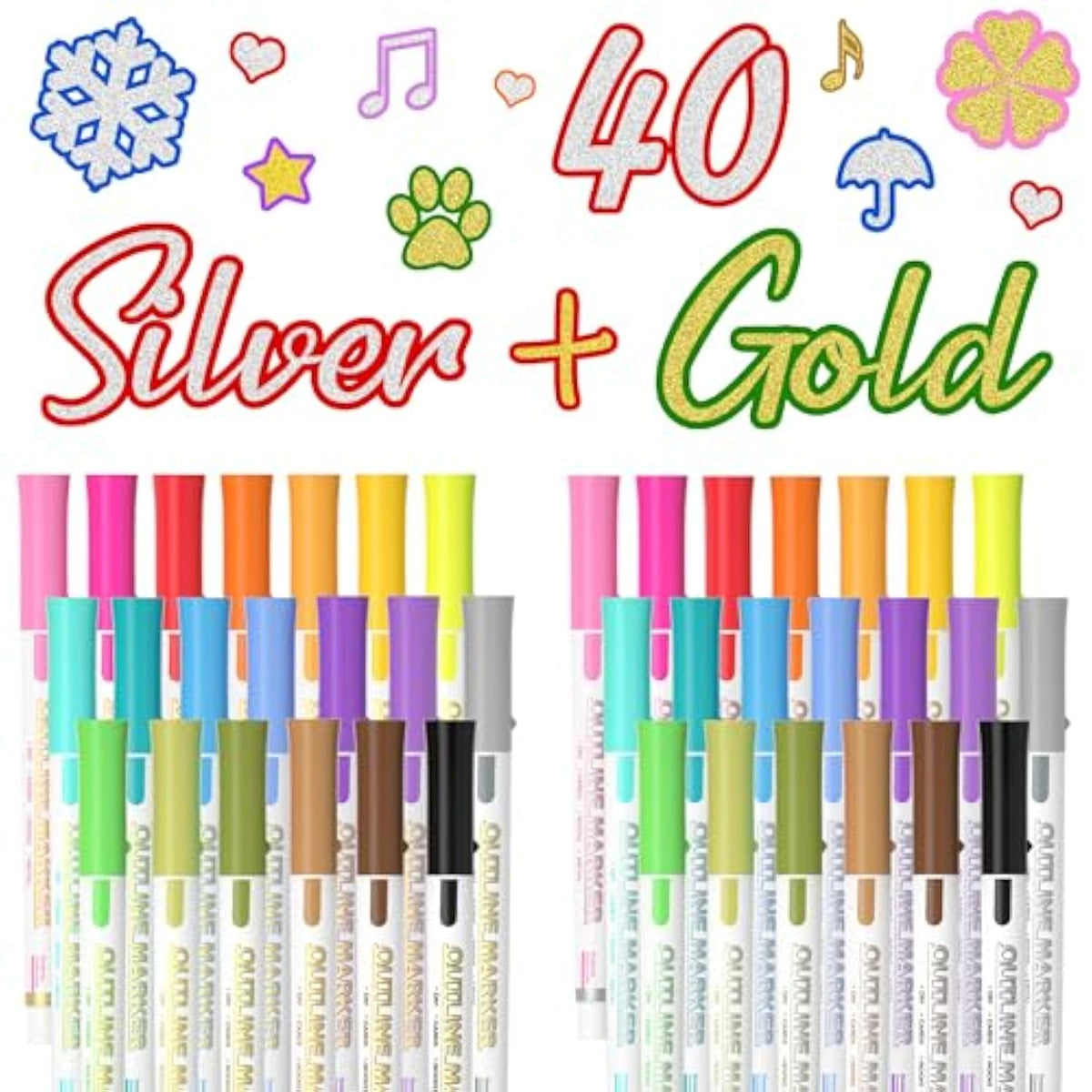 40 Pack Double Line Outline Permanent Markers, 20 Silver And 20 Gold Colors Squiggles Shimmer Markers Set, Self Outline Metallic Marker Pens For Drawing, Christmas Card, Diy Crafts