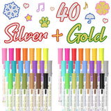 40 Pack Double Line Outline Permanent Markers, 20 Silver And 20 Gold Colors Squiggles Shimmer Markers Set, Self Outline Metallic Marker Pens For Drawing, Christmas Card, Diy Crafts