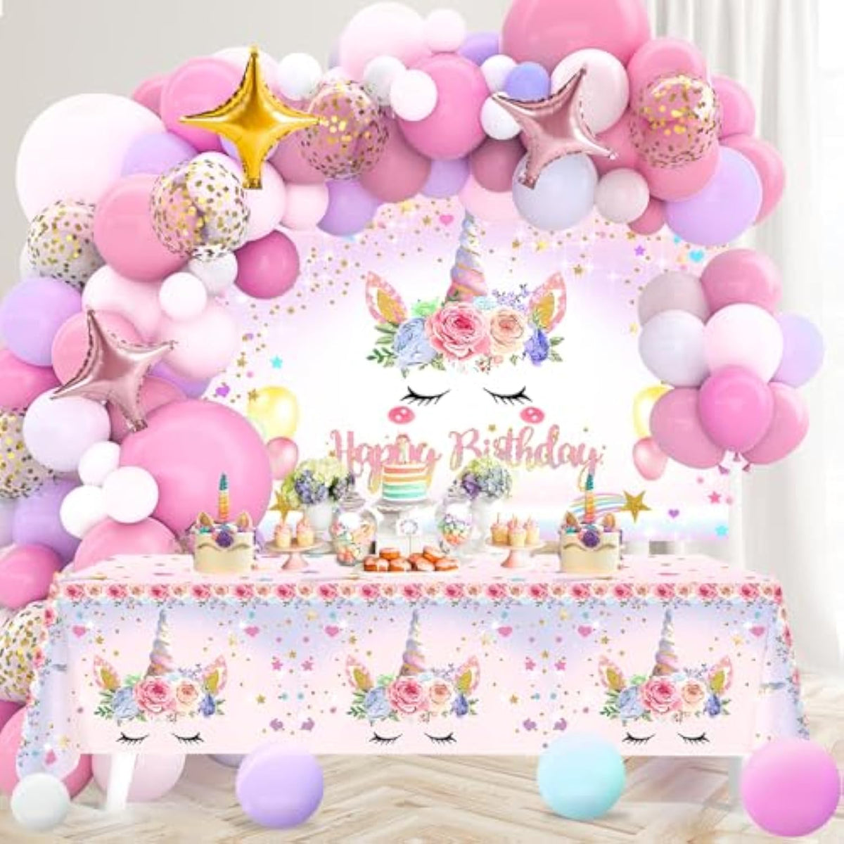 118Pcs Pink Unicorn Party Kit with Balloons, Backdrop & Tablecloth for Girls' Birthdays