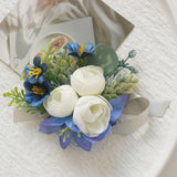 2 Pieces Artificial Wrist Corsage Boutonniere Set, Grooms Groomsmen Bridal Bridesmaids Wedding Flowers Accessories Prom Party Suit Decoration - Blue&White