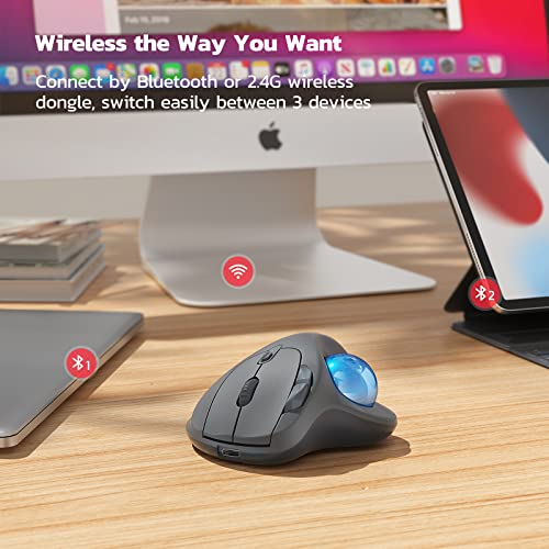 M501 Wireless Trackball Mouse, Rechargeable Ergonomic, Easy Thumb Control, Precise & Smooth Tracking, 3 Device Connection (Bluetooth Or Usb Receiver), Compatible For Pc, Laptop, Mac, Windows.