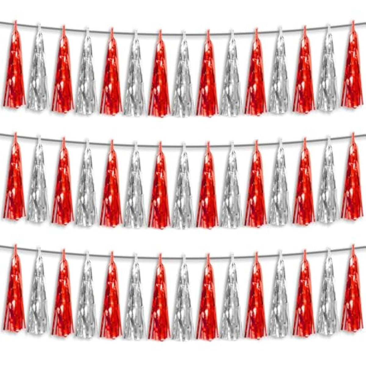 3P Red Silver Foil Fringe Metallic Tassel Streamers Banner Tassel Garland For Parade Floats, Bachelorette, Wedding, Birthday, Halloween, Christmas, Bridal/Baby Shower Party Decorations