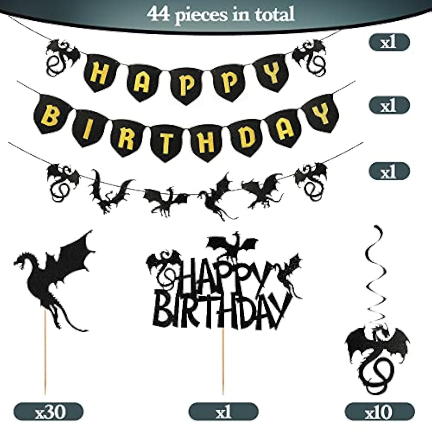 44 Pieces Dragon Party Supplies Dragon Theme Cake Decoration Happy Birthday Hanging Banner Swirls Cupcake Toppers Set For Birthday Party Supplies