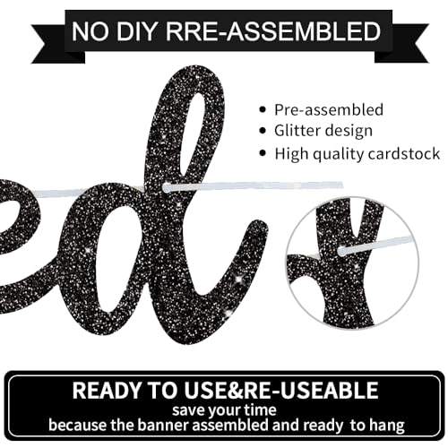 Black Just Married Banner - NO DIY, Glitter Wedding Party Banner,Just Married Signs, Bachelorette/Bridal Garland,Engagement Party Decor Supplies, Wedding Reception Party Decorations.