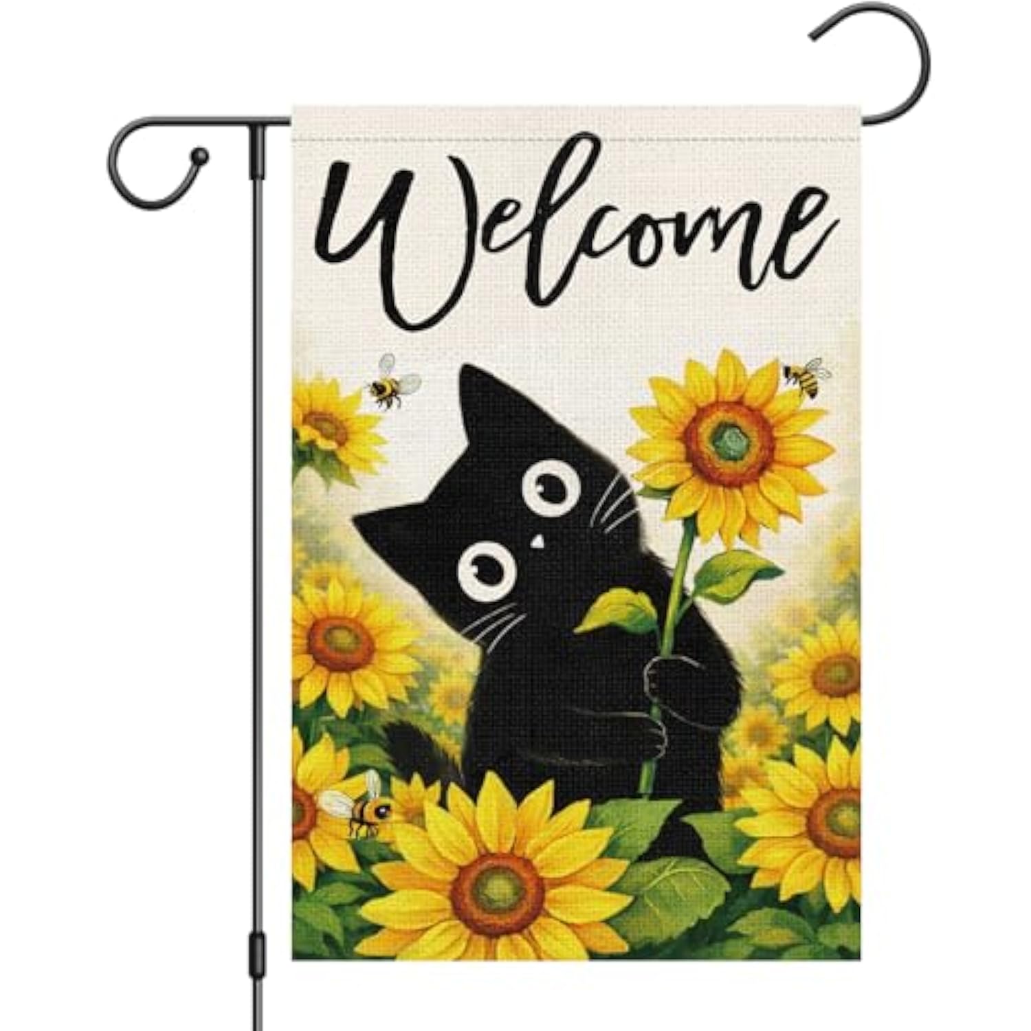 Welcome Summer Cute Black Cat Garden Flag 12X18 Double Sided Burlap, Spring Sunflower Bee Yard Banner For Rustic Seasonal Outdoor Decoration (Only Flag)