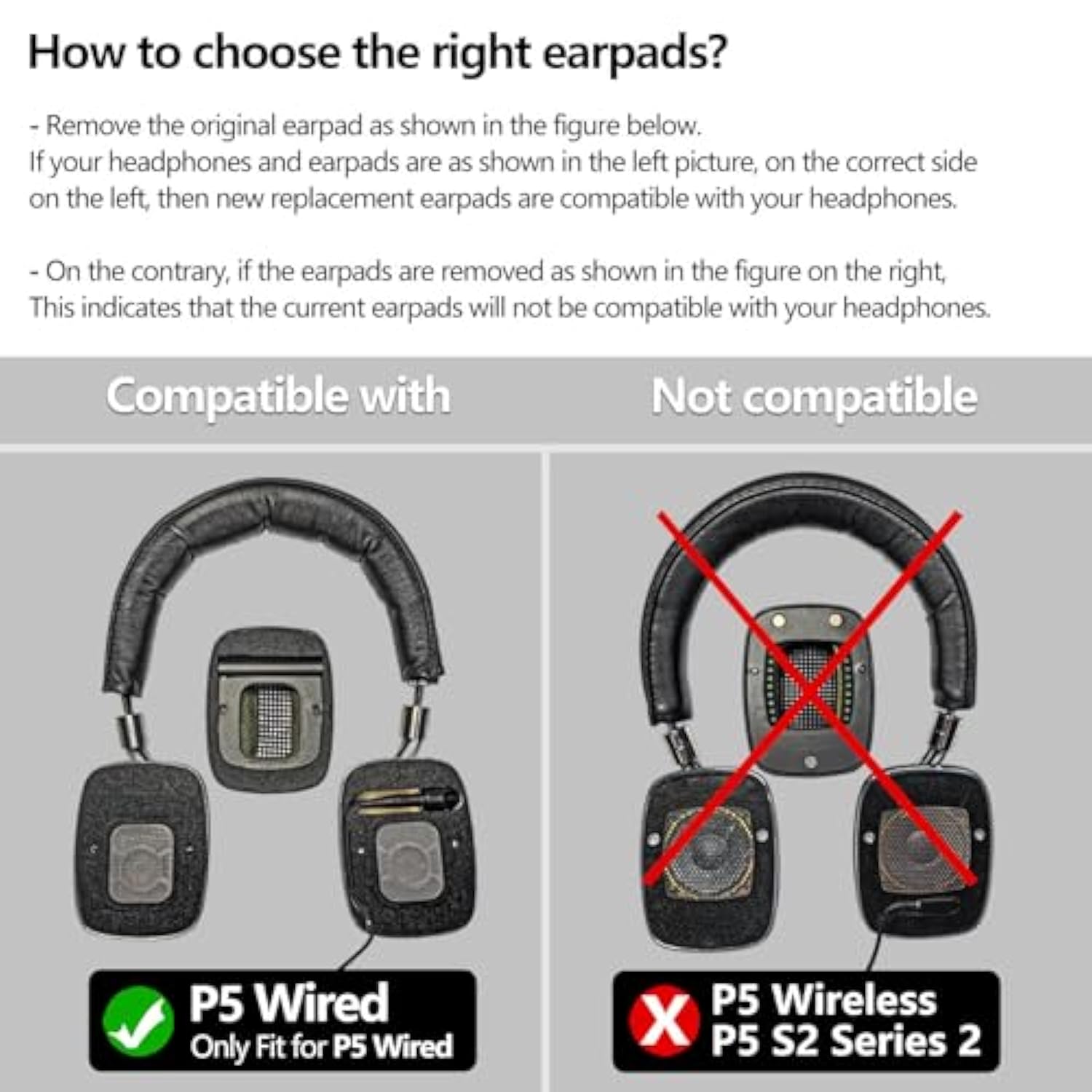 P5 Ear Pads - Replacement Ear Cushion Compatible With P5 Wired Headphones I Not Fit P5 Wireless And P5 Series 2/S2 (Grey Fabric)