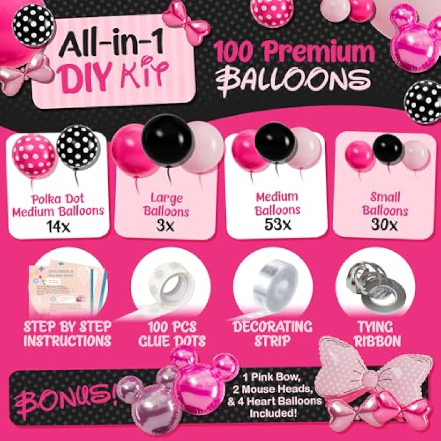 All-In-1 Minnie Balloon Arch Kit With Bonus Bow & Mouse Head - Mini Mouse Balloons For Birthday Decorations & Oh Twodles Party Supplies Girl - Minnie Birthday Party, Baby Shower